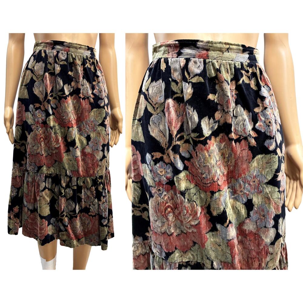 70s Strawberry Plant Velvet Floral Skirt Dorothy Schoelen Midi Ruffle Hem XS - Picture 1 of 8